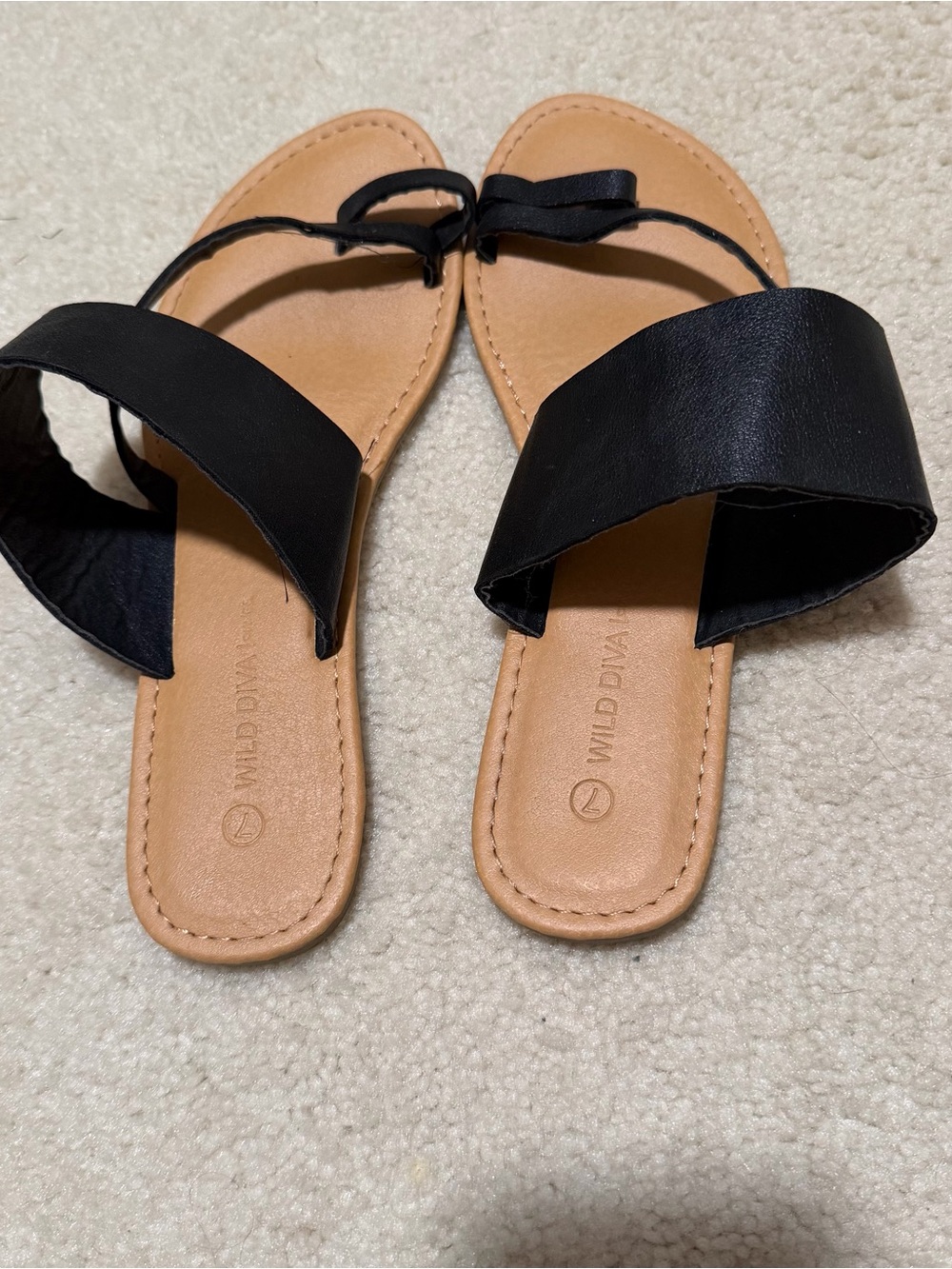 WILD DIVA Black and Tan Dual-Strap Slide Sandals